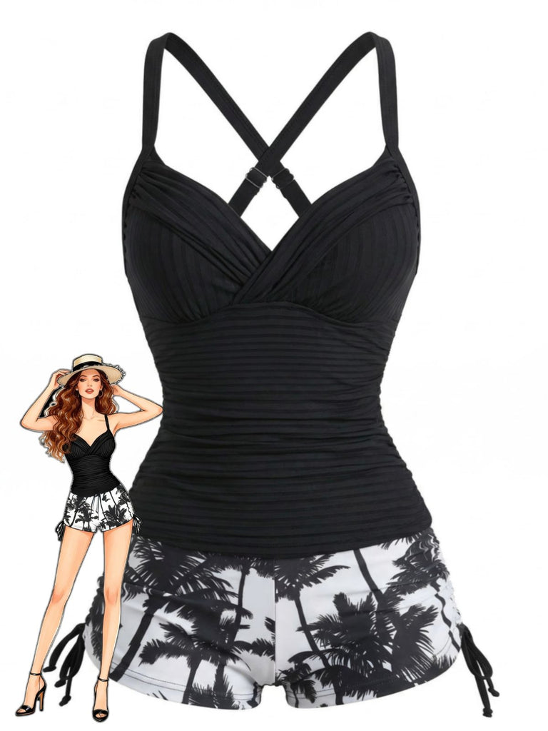 Black 1950s Palm Tree Drawstring Ruched Tankini Set - vintage fashion, retro style for vintage lovers