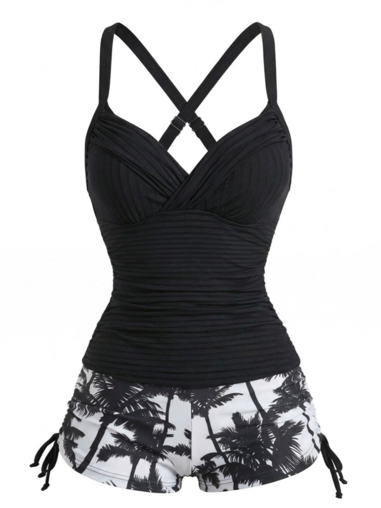 Black 1950s Palm Tree Drawstring Ruched Tankini Set - vintage fashion, retro style for vintage lovers