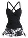Black 1950s Palm Tree Drawstring Ruched Tankini Set - vintage fashion, retro style for vintage lovers