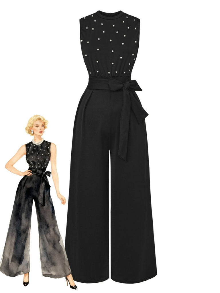 Black 1950s Pearl Beading Bow Belt Jumpsuit - vintage jumpsuit, retro fashion, classic black