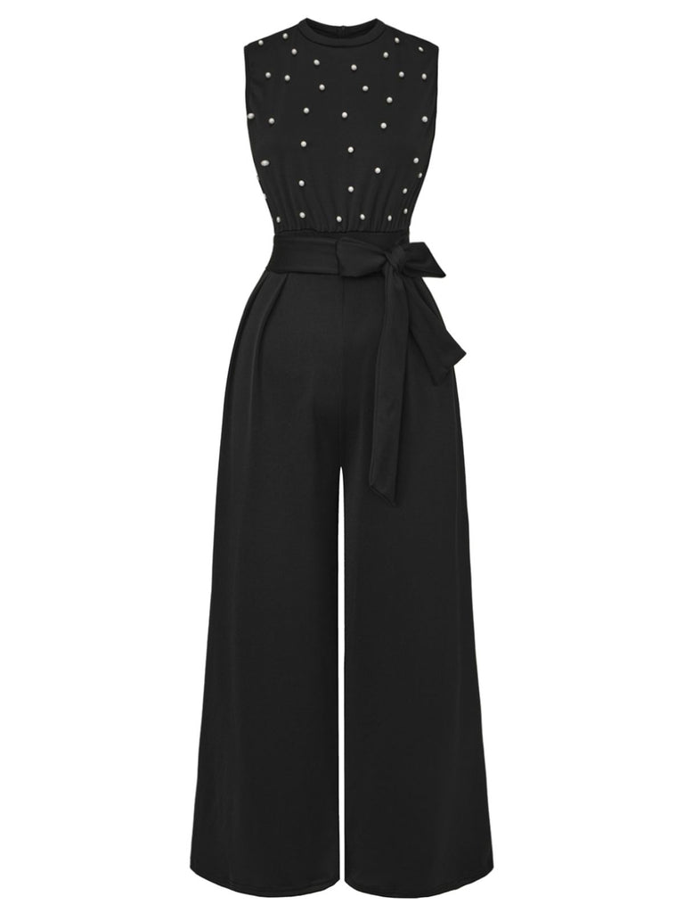 Black 1950s Pearl Beading Bow Belt Jumpsuit - vintage jumpsuit, retro fashion, classic black