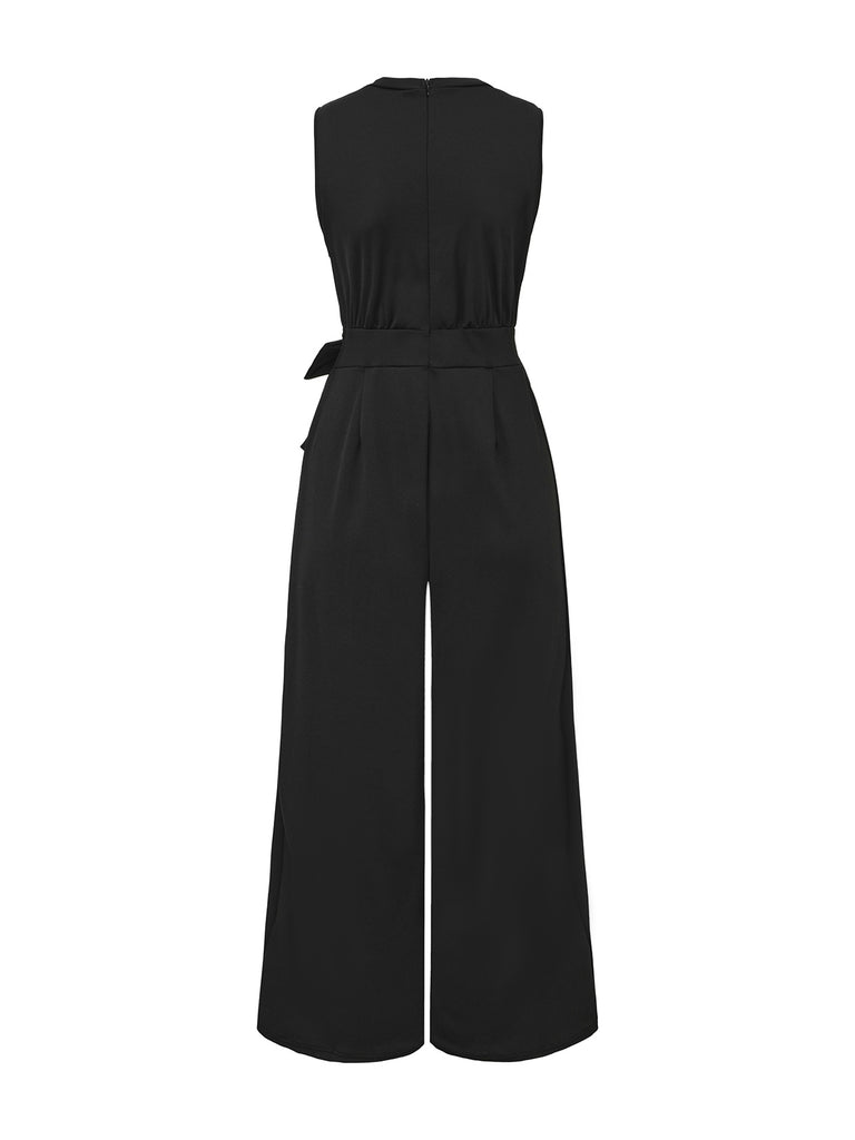 Black 1950s Pearl Beading Bow Belt Jumpsuit - vintage jumpsuit, retro fashion, classic black