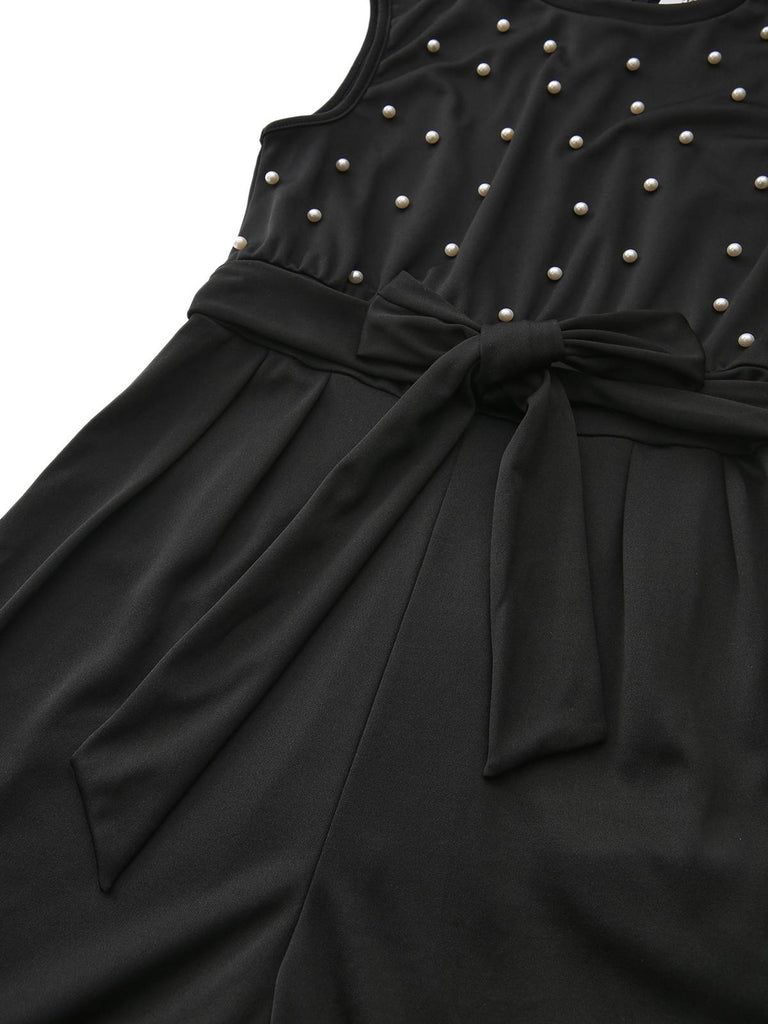 Black 1950s Pearl Beading Bow Belt Jumpsuit - vintage jumpsuit, retro fashion, classic black