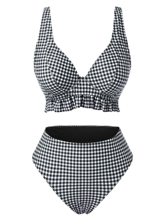 1950s Plaid Deep VNeck Ruffled | 1950s | vintage swimsuit, retro beachwear