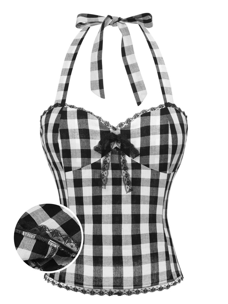 Black 1950s Plaid Halter Lace Bow Top, vintage top, retro blouse - perfect for women who love vintage and retro fashion