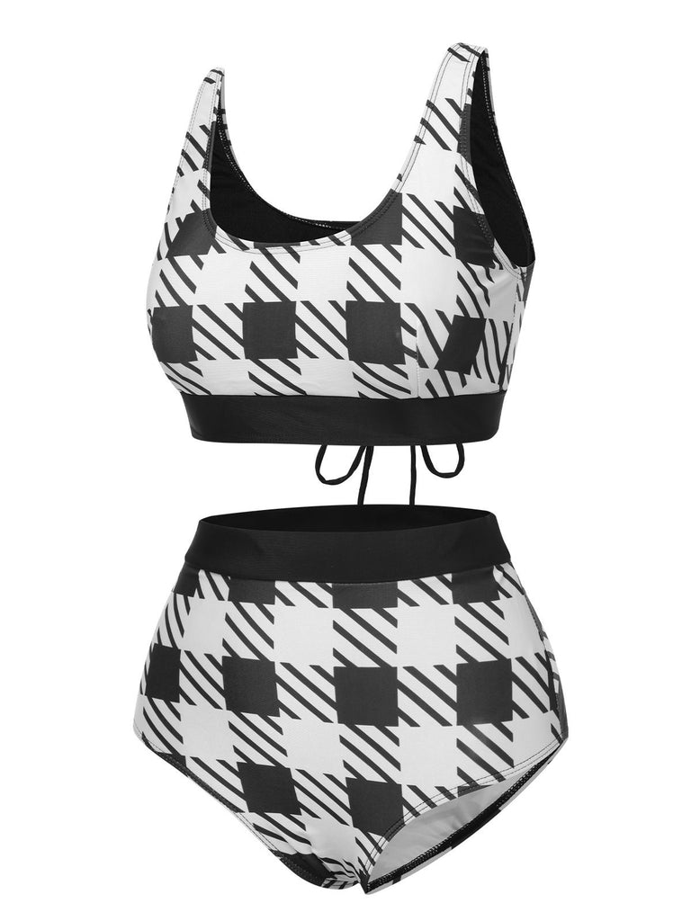 Black 1950s Plaid Wide Strap Swimsuit, vintage swimsuit, pin-up swimwear - perfect for women who love vintage and retro fashion