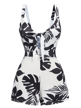 She finds her 1950s story in this Black 1950s Plants Print Hollow Romper