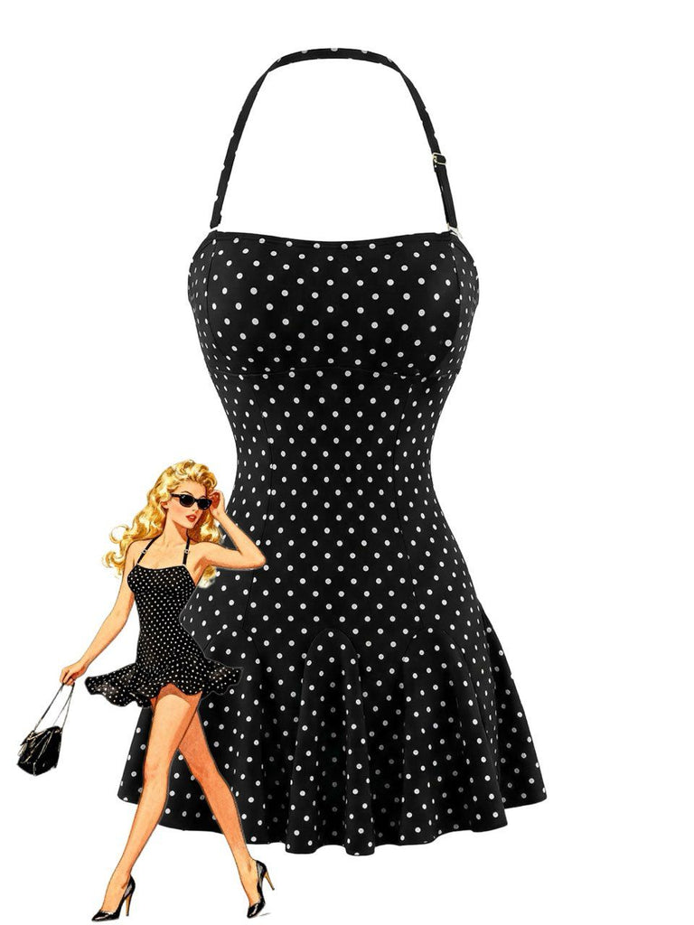 Black 1950s Polka Dot Halter Backless Swim Dress - vintage dress, retro fashion, elegant style for vintage lovers