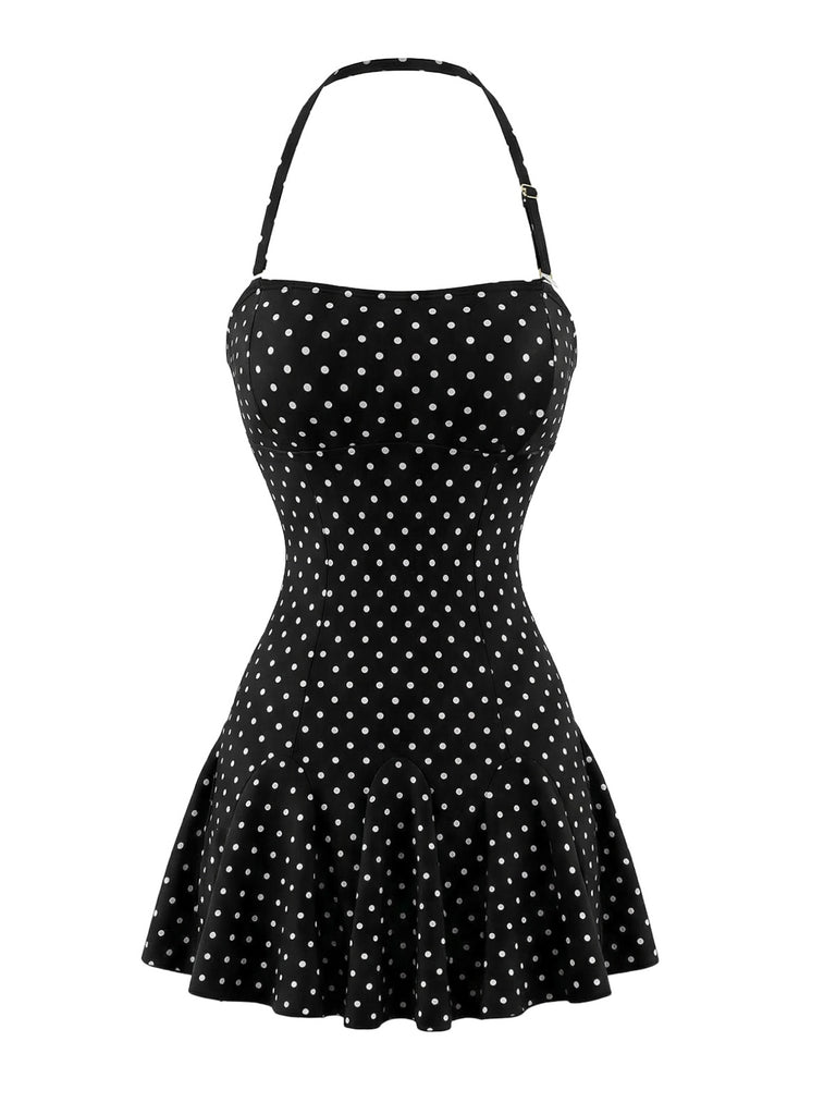 Black 1950s Polka Dot Halter Backless Swim Dress: beautiful vintage dress, retro fashion, elegant style with timeless appeal
