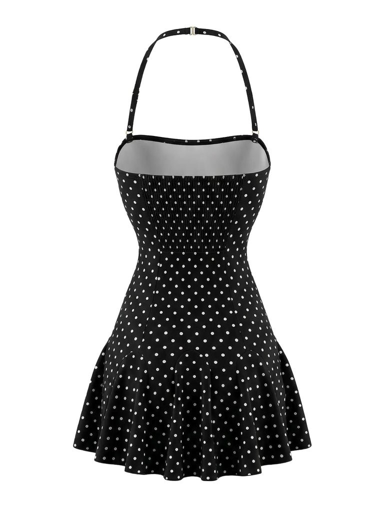 Black 1950s Polka Dot Halter Backless Swim Dress | vintage dress, retro fashion, elegant style - perfect for retro fashion enthusiasts