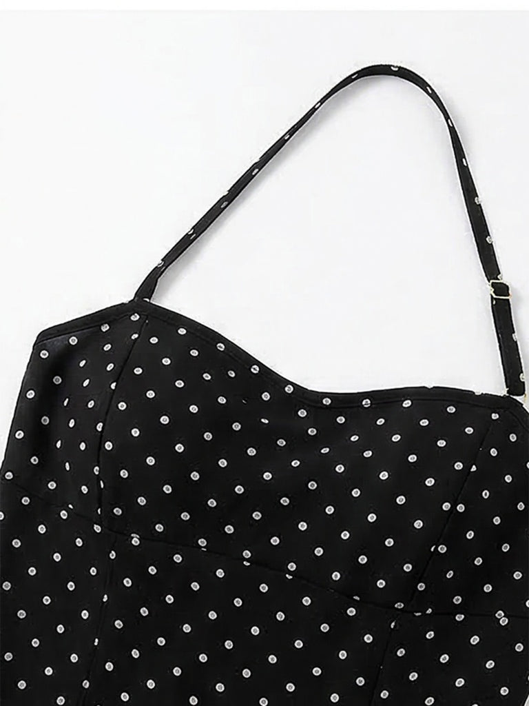 Black 1950s Polka Dot Halter Backless Swim Dress | vintage dress, retro fashion, elegant style - perfect for retro fashion enthusiasts