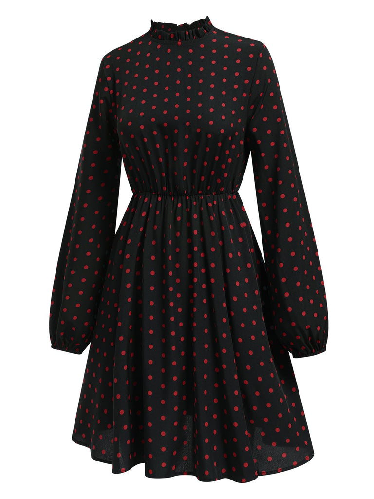 Black 1950s Polka Dot Long Sleeves Dress, vintage dress, retro fashion, rockabilly, pin-up fashion - perfect for women who love vintage and retro fashion