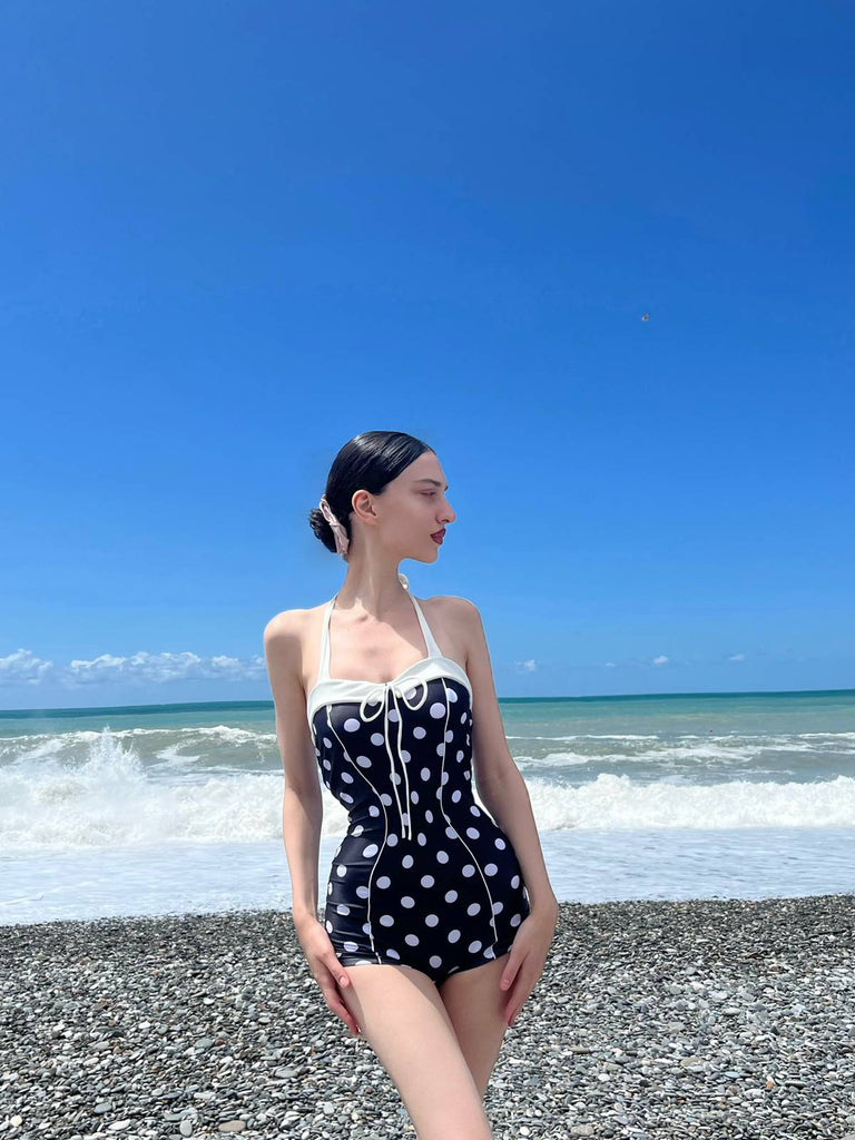 Black 1950s Polka Dots Halter Swimsuit — vintage elegance for the modern woman