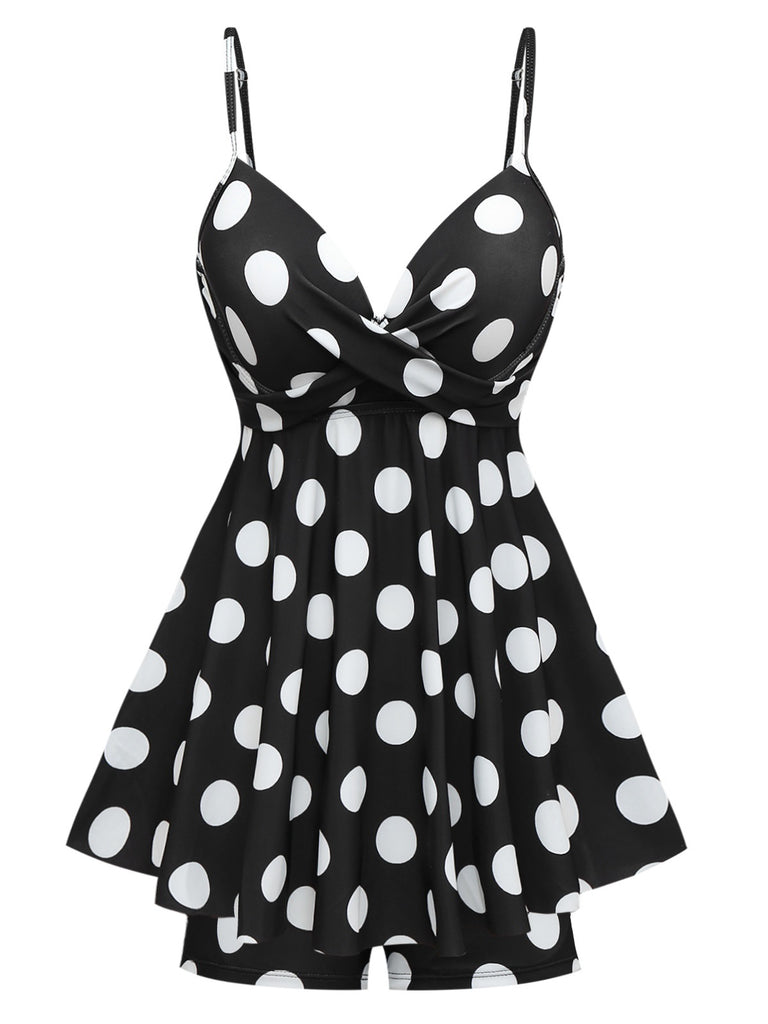 She slips into this Black 1950s Polka Dots One-Piece Swim Dress and suddenly it's a 1950s daydream