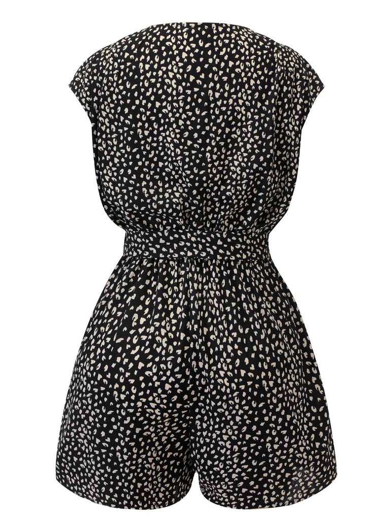 Black 1950s Printed V-Neck Belted Romper — vintage elegance for the modern woman