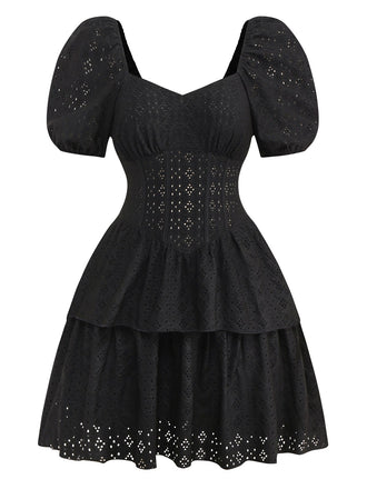 Black 1950s Puff Corset Hollow Knit Dress - vintage dress, retro fashion, rockabilly