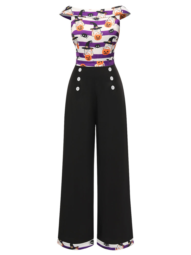 Black 1950s Pumpkin Off Shoulder Patchwork Jumpsuit, vintage romper, retro jumpsuit - perfect for women who love vintage and retro fashion
