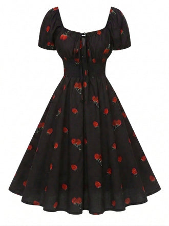 [Pre-Sale] Black 1950s Raspberry V-Neck Halter Midi Dress - vintage dress, retro fashion, rockabilly, pin-up fashion for vintage lovers