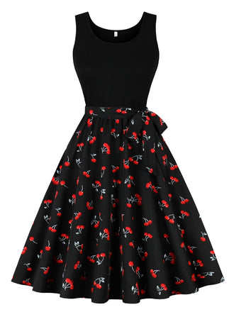 Black 1950s Red Cherry Patchwork Swing Dress - vintage dress, retro fashion, elegant style for vintage lovers