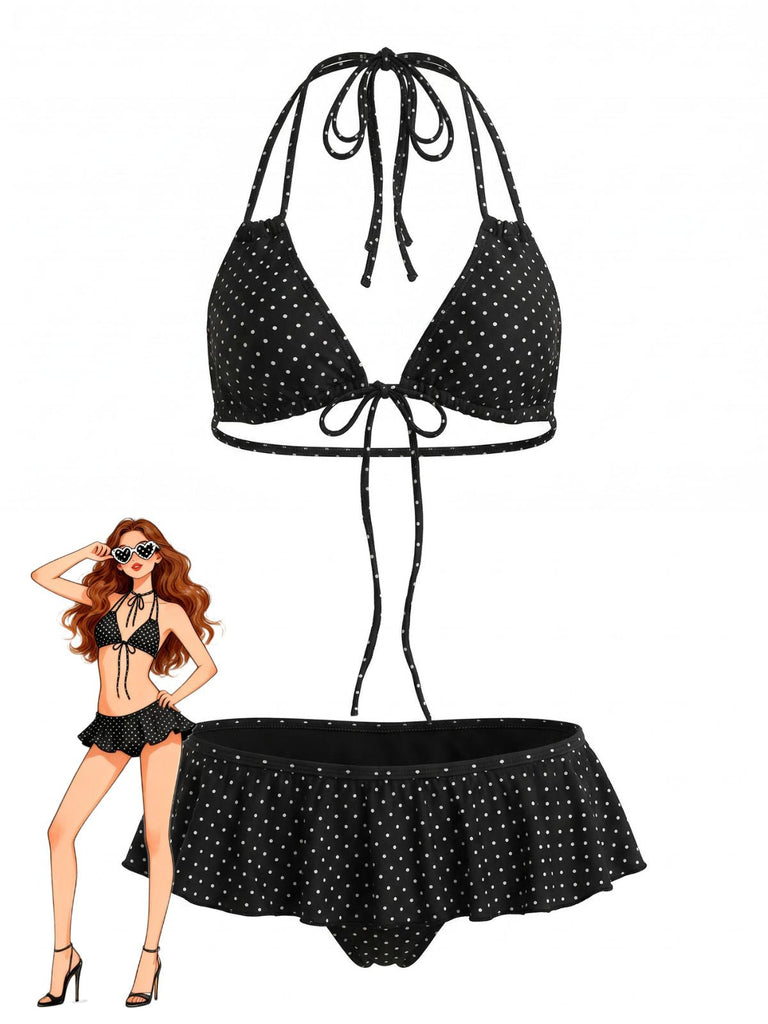 Black 1950s Ruffle Lace-Up Polka Dot Bikini Set - vintage swimwear, retro swimsuit, pin-up style for vintage lovers