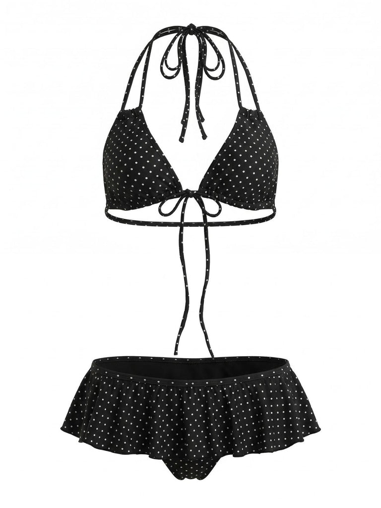 Black 1950s Ruffle Lace-Up Polka Dot Bikini Set: beautiful vintage swimwear, retro swimsuit, pin-up style with timeless appeal