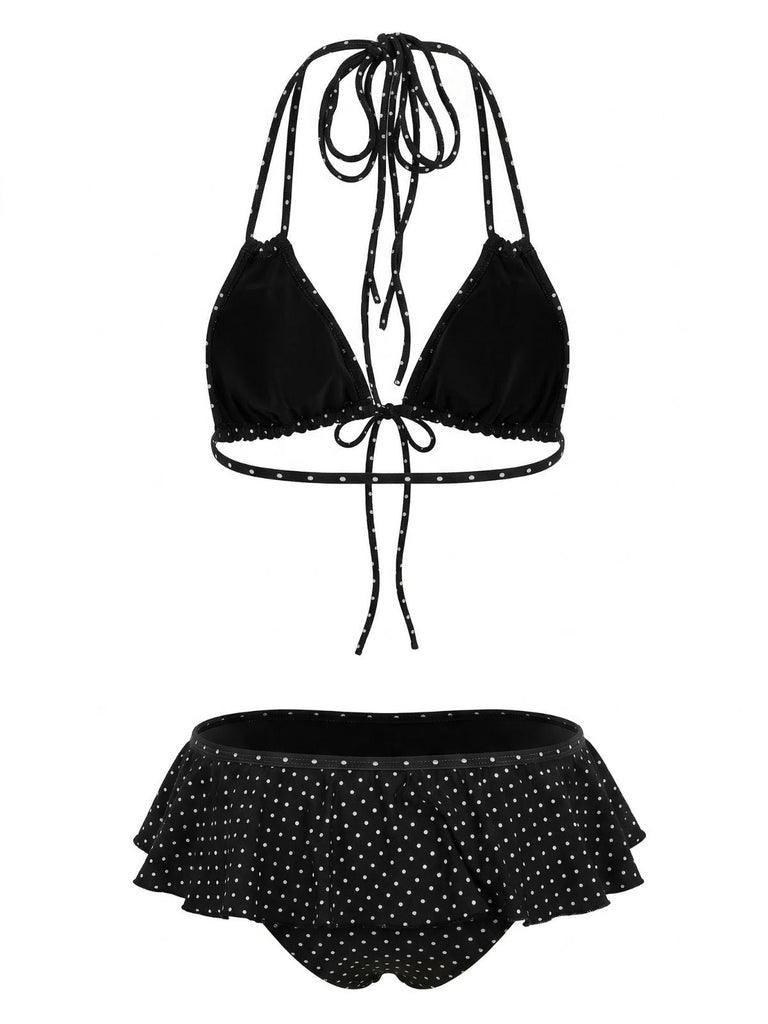 Black 1950s Ruffle Lace-Up Polka Dot Bikini Set | vintage swimwear, retro swimsuit, pin-up style - perfect for retro fashion enthusiasts