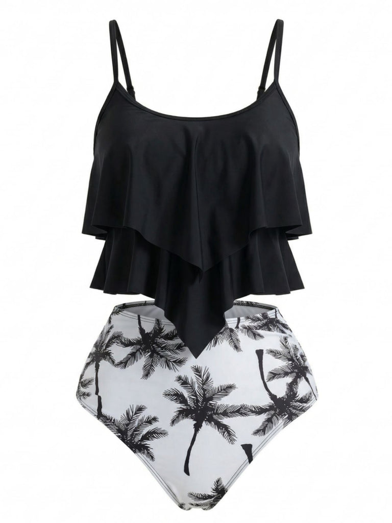 Black 1950s Ruffled Coconut Tree Tankini Set - vintage fashion, retro style, classic elegance for vintage lovers