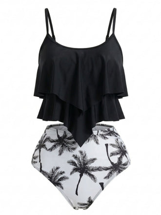 Black 1950s Ruffled Coconut Tree Tankini Set - vintage fashion, retro style, classic elegance for vintage lovers
