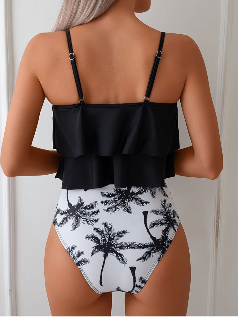Black 1950s Ruffled Coconut Tree Tankini Set | vintage fashion, retro style, classic elegance - perfect for retro fashion enthusiasts