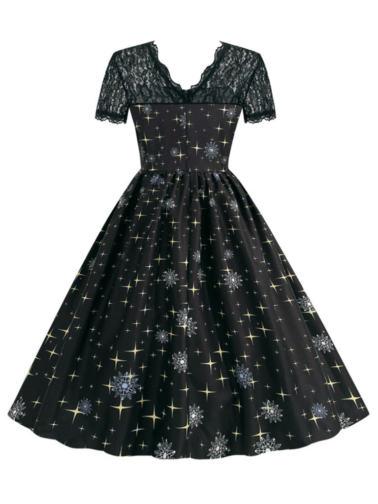 This Black 1950s Santa Claus Lace Patchwork Dress wraps her in 1950s elegance, one twirl at a time