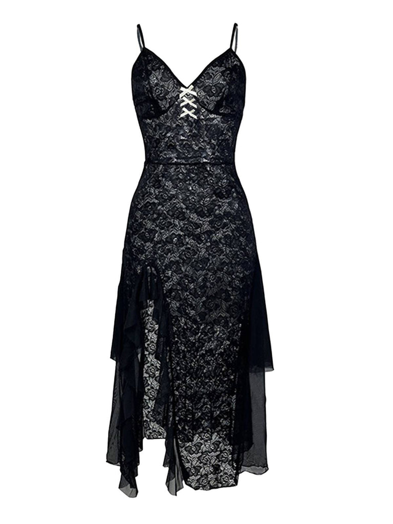 Black 1950s Sheer Floral Lace Deep-V Slit Nightgown - vintage nightgown, retro sleepwear, classic black