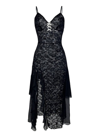Black 1950s Sheer Floral Lace Deep-V Slit Nightgown - vintage nightgown, retro sleepwear, classic black