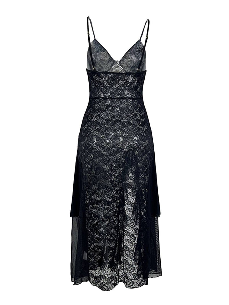Black 1950s Sheer Floral Lace Deep-V Slit Nightgown - vintage nightgown, retro sleepwear, classic black