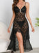 Black 1950s Sheer Floral Lace Deep-V Slit Nightgown - vintage nightgown, retro sleepwear, classic black