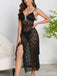 Black 1950s Sheer Floral Lace Deep-V Slit Nightgown - vintage nightgown, retro sleepwear, classic black