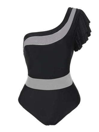 Black 1950s Sheer Patchwork One-Shoulder Swimsuit, vintage swimsuit, pin-up swimwear - perfect for women who love vintage and retro fashion