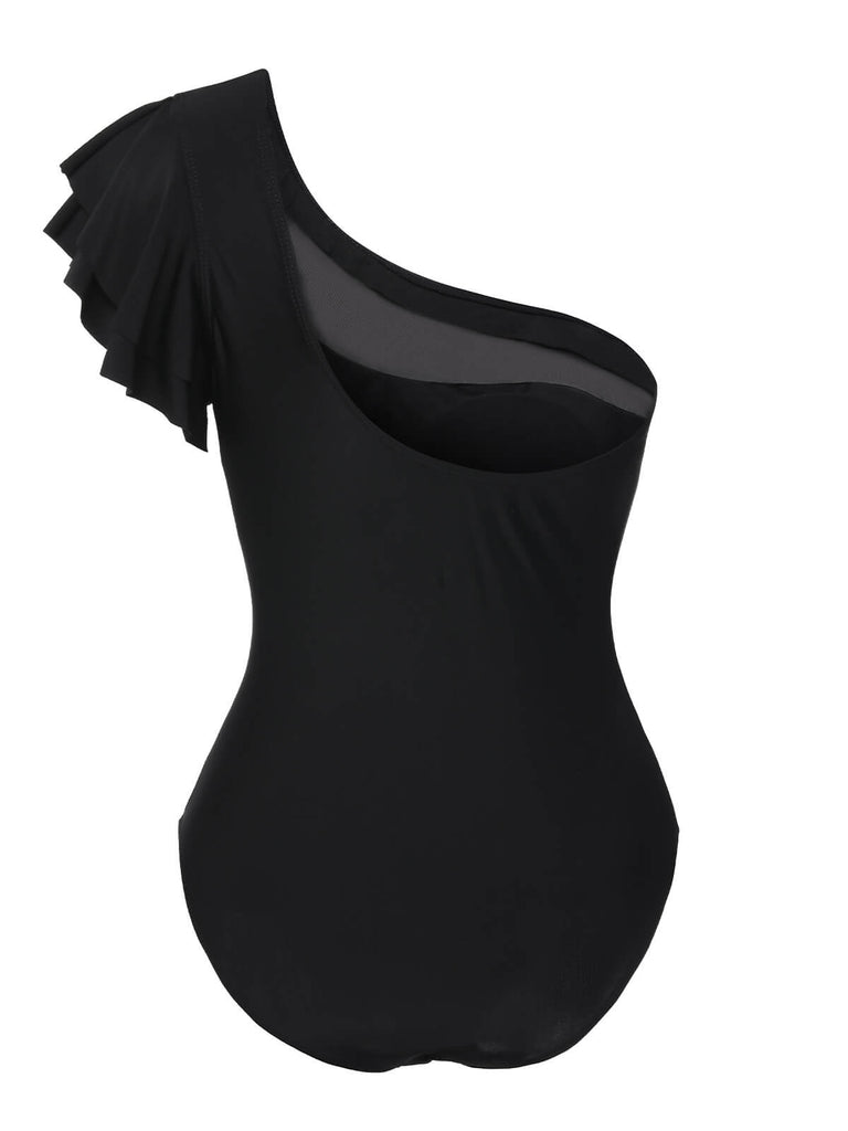 Black 1950s Sheer Patchwork One-Shoulder Swimsuit, vintage swimsuit, pin-up swimwear - perfect for women who love vintage and retro fashion