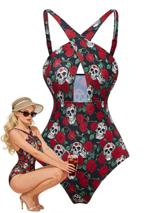 Black 1950s Skeleton Rose Halter Swimsuit - vintage swimwear, retro swimsuit, pin-up style for vintage lovers