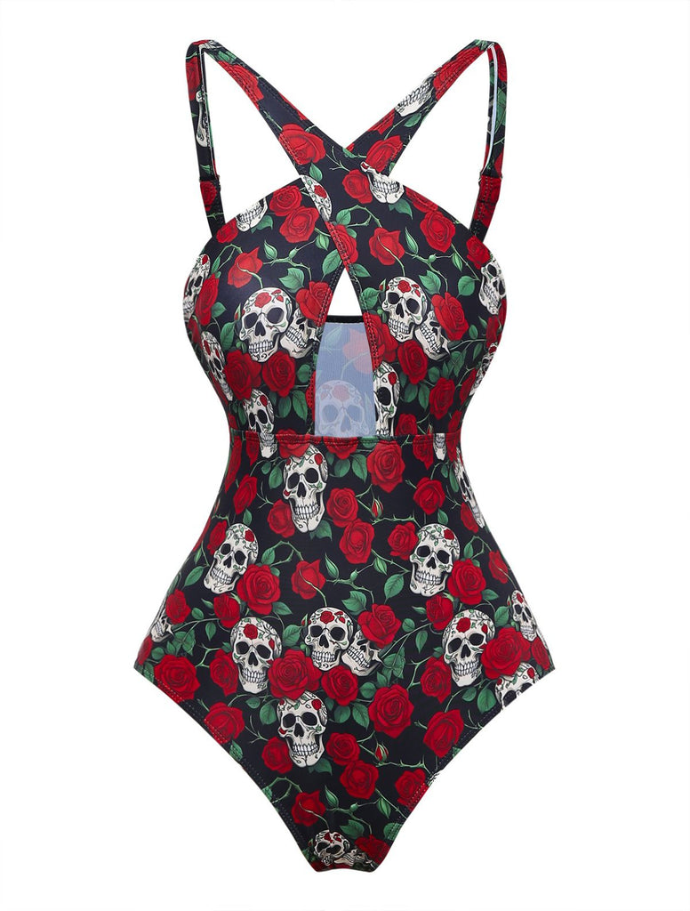 Black 1950s Skeleton Rose Halter Swimsuit: beautiful vintage swimwear, retro swimsuit, pin-up style with timeless appeal
