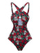 Black 1950s Skeleton Rose Halter Swimsuit: beautiful vintage swimwear, retro swimsuit, pin-up style with timeless appeal