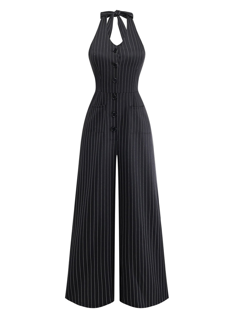 Black 1950s Sleeveless Pinstripe Halter Button Wide Leg Jumpsuit, vintage romper, retro jumpsuit - perfect for women who love vintage and retro fashion