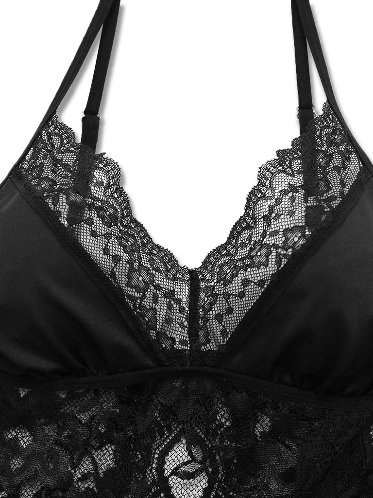 Black 1950s Slip Lace Floral Pajamas - vintage fashion, retro style, classic black