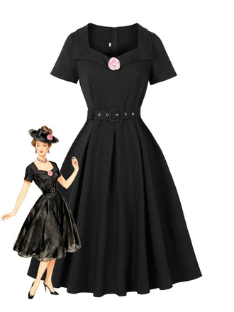 Black 1950s Solid 3D Rose Lapel Swing Dress - vintage dress, retro fashion, rockabilly