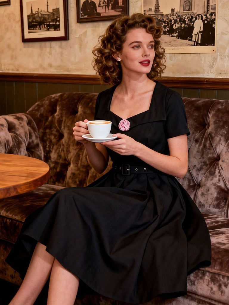 Black 1950s Solid 3D Rose Lapel Swing Dress - vintage dress, retro fashion, rockabilly