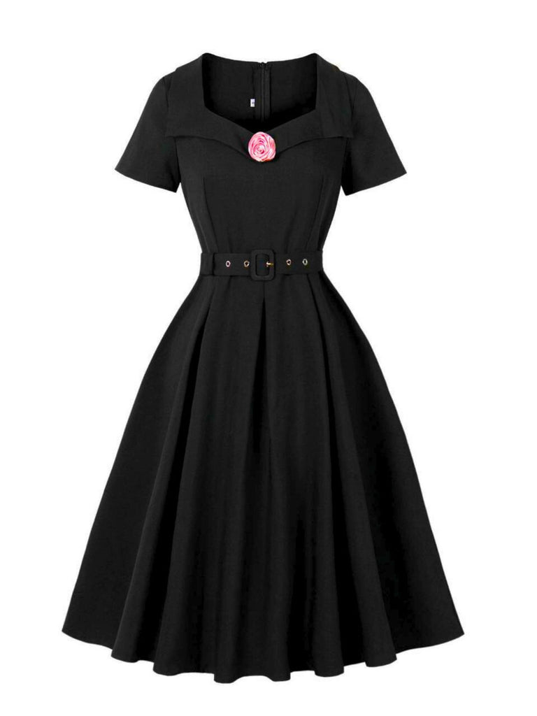 Black 1950s Solid 3D Rose Lapel Swing Dress - vintage dress, retro fashion, rockabilly