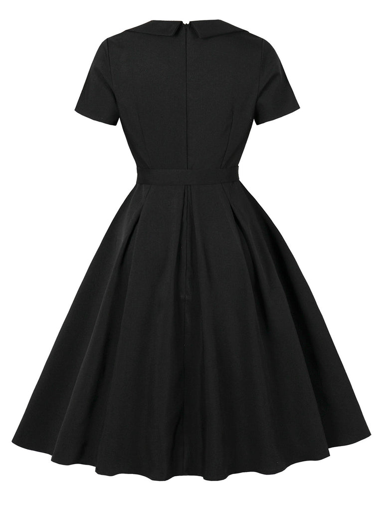 Black 1950s Solid 3D Rose Lapel Swing Dress - vintage dress, retro fashion, rockabilly