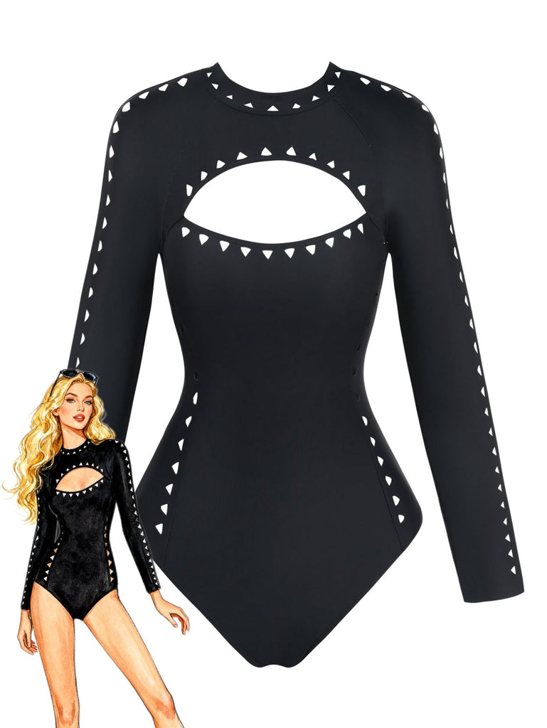 Black 1950s Solid Cutout Long Sleeves Swimsuit - vintage swimsuit, pin-up swimwear for vintage lovers