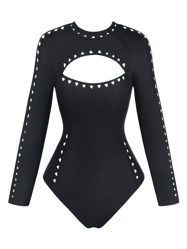 Black 1950s Solid Cutout Long Sleeves Swimsuit - vintage swimsuit, pin-up swimwear for vintage lovers