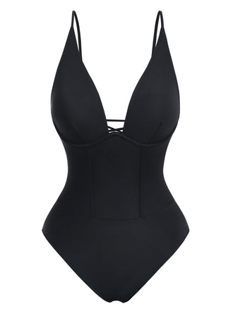 Black 1950s Solid Deep V Tummy Control One-Piece Swimsuit - vintage swimwear, retro swimsuit, pin-up style for vintage lovers