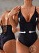 Black 1950s Solid Deep V Tummy Control One-Piece Swimsuit | vintage swimwear, retro swimsuit, pin-up style - perfect for retro fashion enthusiasts